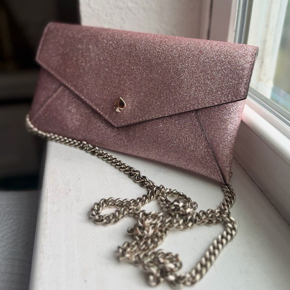 Kate Spade Burgess Envelope Glitter Chain Crossbody Purse in Rose and Gold